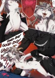 bed bedroom black_fur blue_eyes comic_page english_text from_behind_position furry goat goat_eyes hand_on_belly heart-shaped_pupils lunaire size_difference tagme tagme_(artist) tagme_(character) tongue_out vaginal_penetration white_fur wolf x-ray yellow_eyes