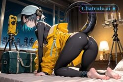 1girl ai_assisted ai_generated all_fours anime_screenshot arknights bag barefoot baseball_cap black_bodysuit black_hair black_leggings candle_light candles colored_inner_hair covered_erect_nipples dark_room drone eyepatch full_body green_eyes half_closed_eyes headphones highres hotel_room infection_monitor_(arknights) leotard lizard_tail looking_at_viewer looking_back_at_viewer night on_all_fours on_bed one_eye_covered parted_lips respirator sharp_teeth short_hair shy small_ass small_breasts sneakers soles solo standing tripod viewed_from_behind window yellow_coat