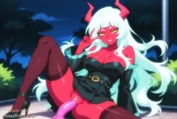 1girls ai_generated bare_shoulders belt blunt_bangs breasts bush cleavage collarbone detached_sleeves dildo dildo_riding dress full_body huge_dildo imminent_penetration lipstick long_sleeves looking_at_viewer makeup medium_breasts night no_panties off-shoulder_dress outdoors pleated_dress pussy scanty_daemon sex_toy shoes smile solo spread_legs strapless strapless_dress thighhighs