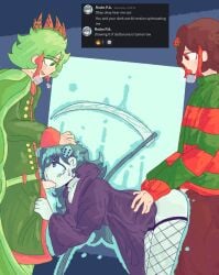 1girl 2nonbinary abstract_background april_(rndmpa) aura blowjob blue_eyes blue_hair blush blush_lines blushing breath breath_cloud breathing clothed_sex clothes clothing crown dark_world deltarune dice_hair_ornament discord fishnets from_behind from_behind_position green_eyes green_hair hairpin hand_on_head looking_at_partner melongod77 penis red_eyes rndmpa robe royalty screenshot scythe self_upload selfcest sex simple_background spitroast sweatdrop tagme threesome undertale youtube youtuber zipper_down