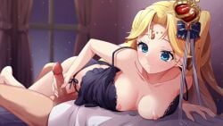 1boy 1boy1girl 1girl animated babydoll bent_over blush bouncing_breasts breasts breasts_out clothed crown cum cumshot dress game_cg gif gold_hair hair_ornament hair_ribbon handjob lingerie long_hair medium_breasts nipples open_clothes panties penis sugar_conflict_x uncensored