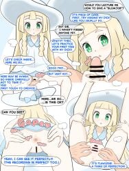 1boy 1girl :o anus bar_censor blonde_hair bright_pupils censored commentary_request dress english_text eyelashes fingering green_eyes hat highres holding_own_leg lillie_(pokemon) long_hair looking_down multiple_views penis pokemon pokemon_sun_and_moon pussy simesaba_(xwdt4337) sleeveless sleeveless_dress speech_bubble spread_legs spread_pussy spreading_another's_pussy sun_hat white_dress white_hat white_pupils