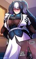2girls big_breasts black_hair breasts giantess glasses red_eyes smaller_female
