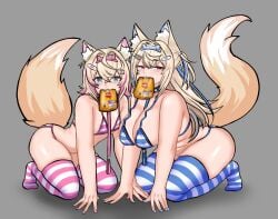 2girls all_fours curvy dog_food fangs flat_chest food_in_mouth fuwawa_abyssgard hololive huge_breasts mococo_abyssgard multiple_girls peagade sharp_teeth teeth thick_thighs virtual_youtuber voluptuous wide_hips