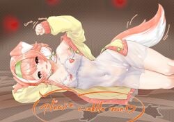 1girl animal_ears animal_tail areolae armpits belly_button blushing censored_pussy commission commissioner_upload covered_nipple dog_girl english_text green_bow green_hairband heart-shaped_pupils indie_virtual_youtuber indie_vtuber jacket jacket_open looking_at_viewer navel nightgown nipples official_alternate_costume official_alternate_hairstyle on_bed on_side pillowdear pink_eyes pink_hair skeb_commission small_breasts smiling soara_shimomo tail_wag tail_wagging thighs transparent_clothing white_nightgown