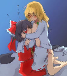 2girls blonde_hair blush bow braid closed_eyes commentary_request detached_sleeves frilled_bow frilled_hair_tubes frills hair_bow hair_tubes hakurei_reimu highres kage_ochi kirisame_marisa licking licking_another's_chest licking_nipple multiple_girls nipple_stimulation red_bow red_skirt ribbon-trimmed_sleeves ribbon_trim side_braid single_braid skirt touhou translation_request unbuttoned unbuttoned_shirt yuri