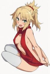 ai_generated ass belly blonde_female blonde_hair blushing blushing_at_viewer butt fangs green_eyes looking_at_viewer ponytail red_dress stockings stockings_only thigh_highs thighs