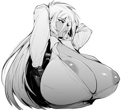 1girls 2021 arms_behind_head barely_visible_nipples big_areola big_breasts boob_window breasts curvaceous female getter_robo greyscale human jin_hayato long_hair monochrome puffy_nipples rule_63 t-shirt tagme thirty_8ght unbuttoned unbuttoned_shirt white_background