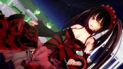 1girl birthday black_dress black_hair cleavage date_a_live dr.xidan17 frilled_dress gothic_lolita heterochromia lace lolita_fashion looking_at_viewer night red_dress red_eyes ribbon smile solo starry_sky tokisaki_kurumi twintails very_long_hair yellow_eyes