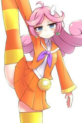 blue_eyes earrings female female_only green_earrings jacket leg_hold_pose orange_clothes orange_clothing pink_hair pouch puyo_puyo puyo_puyo_fever raffina_(puyo_puyo) sega skirt thighhighs thighs