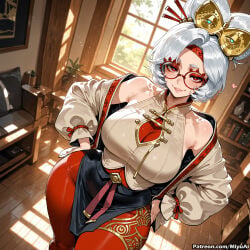 1girl ai_assisted ai_generated bare_shoulders breasts cleavage curvaceous curvy curvy_female curvy_figure desk female glasses hand_on_hip indoors large_breasts looking_at_viewer mature_female milf miyuai pantyhose purah red_eyes short_hair silver_hair skirt smile solo the_legend_of_zelda thick thick_ass thick_butt thick_hips thick_legs thick_thighs voluptuous voluptuous_female wide_hips wide_thighs window