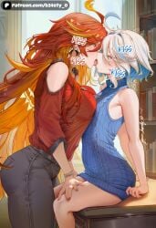2girl 2girls ai_generated b34sty_0 big_boobies big_boobs big_breasts big_tits big_titties blue_eyes blue_hair blue_sweater blush boobs breasts closed_eyes drool drooling earrings eyes french_kiss french_kissing from_side furina_(genshin_impact) genshin_impact hair heterochromia hoyoverse indoors kiss kissing large_boobies large_boobs large_breasts large_tits large_titties library long_hair looking_at_partner mavuika_(genshin_impact) mihoyo multicolored_hair open_mouth orange_eyes orange_hair patreon red_shirt saliva shirt short_hair shoulder_cutout sitting sitting_on_table sleeveless small_boobs small_breasts small_tits sweater tits tongue tongue_out watermark white_hair woman yellow_hair