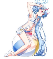 1girl absurdly_long_hair absurdres arm_support bag ball_(object) beach_ball bikini blue_archive blue_hair breasts chise_(blue_archive) chise_(swimsuit)_(blue_archive) flat_chest full_body halo highres horns inflatable long_hair moecchi navel on_ball oni oni_female pink_eyes pool_toy riding sailor_collar sandals see-through_clothing see-through_shirt shirt shoulder_bag simple_background sitting sitting_on_ball sitting_on_beach_ball small_breasts solo striped_bikini striped_clothes swimsuit very_long_hair white_background
