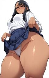 1girl 1girls accessory ai_generated black_hair brown_eyes dark-skinned_female dark_skin female female_focus female_only from_below front_view hayase_nagatoro lifting long_hair looking_at_viewer medium_breasts mrnails panties please_don't_bully_me,_nagatoro pleated_skirt school_uniform skirt skirt_lift skirt_up solo solo_female thick_thighs thighs thong upskirt white_background white_shirt
