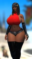 1girls 3d artist:amicea bare_shoulders bellybutton black_hair breasts breasts_bigger_than_head crotch_zipper dark-skinned_female dark_skin female female_focus female_only final_fantasy final_fantasy_xiv gpose_(ffxiv) hairpin halterneck huge_breasts latex latex_gloves long_gloves midriff orange_eyes outdoors overflowing_breasts self_upload straight_hair thick_thighs thighhighs thighs thong thong_straps tight_clothing zipper