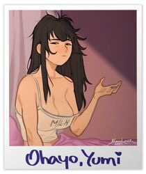 1girls big_breasts blanclauz breasts cleavage exhausted female female_only large_breasts looking_at_viewer messy_hair shirt_text sleepy solo tank_top tired uncensored yumi_(blanclauz)