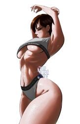 1girl 1girls artist_logo bleached bleached_clothing brown_hair evie_(stellar_blade) freckles freckles_on_breasts freckles_on_face freckles_on_thighs green_eyes light-skinned_female light_skin looking_at_viewer qoh queen_of_hearts sangsangatsange short_hair solo solo_female sports_bra sports_shorts stellar_blade stellar_blade:_blood_rain stretching tagme twitter_link