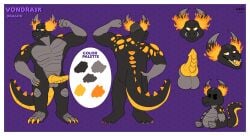 3_toes 4_fingers absurd_res anthro balls belly big_muscles big_penis black_eyes black_head black_legs black_tail border character_name chibi claws color_swatch dragon feet fingers fire flaming_horn flaming_horns front_view genitals grey_arms grey_balls grey_belly grey_chest grey_horn hi_res horn japanese_text knot knotted_penis lava_plated lava_plated_back lava_plated_body lava_plates looking_at_viewer macro macro_anthro macro_male male male_(lore) male_anthro mouth_closed muscular muscular_anthro muscular_male mythological_creature mythological_scalie mythology nude_anthro nude_macro nude_male open_mouth penis purple_background purple_text rear_view ribbed_penis scalie sharp_teeth simple_background solo species_name spiked_tail spikes spikes_(anatomy) tail teeth text tienduki toes tongue translated vondrask_(ivarathefoox) white_border yellow_claws yellow_eyes yellow_mouth yellow_penis yellow_tail yellow_tongue