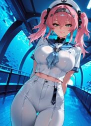 1girl 2026 ai_generated anime aquarium arms_behind_back bangs blue_sailor_collar blush boobs breasts cleavage closed_mouth cowboy_shot crop_top crossover earrings eye_contact female female_focus flushed green_eyes hair_accessory hair_between_eyes hairband hat high-waist_pants highres huge_breasts jewelry large_breasts long_hair looking_at_viewer lupa_(wuthering_waves) midriff navel neckerchief neutral_expression nsfw pants patreon pigtails pink_hair rognezart sailor_collar sailor_hat shirt short_sleeves smile smiling solo thigh_gap twintails very_long_hair white_headwear white_pants white_shirt wuthering_waves