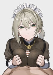 1boy 1girls bar_censor blonde_hair bodystocking boobjob breasts breasts_squeezed_together censor_bar censored closed_mouth clothed_female_nude_male female from_above girls'_frontline girls'_frontline_2:_exilium green_eyes long_hair looking_at_viewer maid maid_headdress male medium_breasts paid_reward_available paizuri penis ringobatake sextans_(girls'_frontline_2) sextans_(nocte_bewitchment)_(girls'_frontline_2) view_from_above