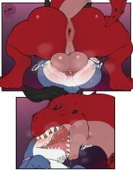 all_the_way_to_the_base anal anal_penetration anal_sex back_view backsack balls_deep ballsack big_ass big_balls big_dom_small_sub bigger_penetrating_smaller blue_skin claws devil_dinosaur dinosaur drooling eyes_closed feral_on_feral feral_only gay horns huge_ass huge_balls jeff_the_land_shark kissing making_out male/male marvel marvel_comics marvel_rivals mating_press netease_games precum presenting_anus presenting_ass presenting_hindquarters puckered_anus red_skin sex shark shark_tail sharp_teeth simple_background size_difference slobber spit syrios t-rex tongue_kiss yaoi