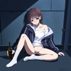 1girl absurdres alcohol artist_name beer_bottle blue_eyes blue_jacket blush bottle bottomless brown_hair chinese_commentary commentary_request drunk empty_eyes fur-trimmed_jacket fur_trim girls_band_cry glass_bottle highres holding holding_bottle iseri_nina jacket long_hair low_twintails no_shoes on_floor open_mouth pussy shirt short_hair short_twintails signature single_off_shoulder socks solo twintails white_shirt white_socks yushe
