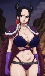 1girls ai_generated big_boobs big_breasts black_hair blue_eyes bra coat curvy curvy_female curvy_figure horn horns huge_breasts large_breasts light-skinned_female light_skin looking_at_viewer mature_female milf nico_robin one_piece panties shao145 shiny_skin solo solo_female standing
