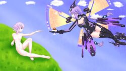 2girls barefoot blue_eyes breasts clothed_female color cpu_(neptunia) d-pad d-pad_hair_ornament feet female female_only fine_art_parody flat_chest flat_chested food goddess hair hair_ornament headgear large_breasts long_hair long_purple_hair meme multiple_girls naked neptune_(neptunia) neptunia_(series) nipples nude nude_female open_mouth outdoors parody power_symbol-shaped_pupils public_domain purple_eyes purple_hair purple_heart_(neptunia) pussy short_hair short_purple_hair simple_background small_breast small_breasts smile the_creation_of_adam twin_braids video_games wings