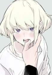 1femboy 2boys androgynous blonde_hair blush blushing blushing_at_viewer bob_cut embarrassed face_focus femboy femboy_focus feminine_faced_male feminine_male finger_in_mouth galo_thymos half-closed_eyes lio_fotia looking_at_viewer male nervous petite petite_body petite_male pov promare seductive seductive_look short_hair short_male slim slim_male slim_waist solo_focus thin_waist twink