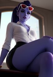 1girls 2d 2d_(artwork) ai_assisted ai_generated amelie_lacroix blizzard_entertainment clothed clothing crossed_legs dark_blue_hair digital_drawing_(artwork) digital_media_(artwork) female female_focus female_only french french_female glasses hi_res high_quality high_resolution highres legs_crossed looking_at_viewer overwatch ponytail pose posing presenting purple_body purple_skin showing_off skirt sunglasses sunglasses_on_head thick_thighs widowmaker yellow_eyes