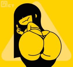 ass beckoning bikini black_hair breasts caution_sign fang from_behind hime_cut huge_ass huge_breasts micro_bikini octotron2000 pussy_bulge self_upload skin_fang smug thick_thighs thighhighs thong warning_sign warning_sign_person wide_hips