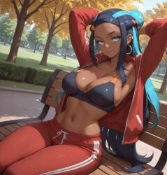 1girls ai_generated black_hair blue_hair dark-skinned_female dark_skin female female_only nessa_(pokemon) nintendo tagme