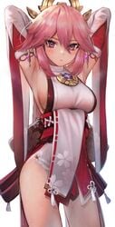 1girls animal_ears armpit_pose armpits blush breasts fox fox_ears fox_girl genshin_impact japanese_clothes kitsune kitsunemimi large_breasts lifting_arms pink_hair purple_eyes sweaty_armpits thick_thighs thighs torriet yae_miko