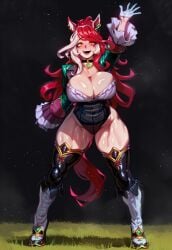 1girl 2026 2d absurd_res absurd_resolution absurdres ai_generated animal_ears arm_up boots breasts choker cleavage full_body gloves grass hi_res high_quality high_resolution highres horse_ears horse_girl horse_tail huge_breasts image large_breasts leotard long_hair looking_at_viewer maddogai multicolored_hair open_mouth patreon patreon_username piercing red_hair shiny_skin smile solo sweat sweatdrop sweating sweaty sweaty_body tail thick_thighs thighhighs thighs two-tone_hair umamusume umamusume_pretty_derby uncensured watermark wet wet_body white_gloves white_hair yellow_eyes