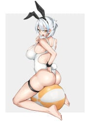 1girl ass ass_focus ball_(object) beach_ball bikini_top breasts bubble_butt bunny_tail busty compressed fake_animal_ears feet inflatable large_breasts looking_at_viewer looking_back looking_pleasured on_ball original original_character plump_ass plump_thighs pool_toy riding sitting sitting_on_ball sitting_on_beach_ball skindentation smug soles squish squishing summer teasing teasing_viewer thick_thighs thigh_strap tomboy white_bikini white_hair