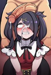 1boy 1girls ai_generated ame-chan big_penis biting_lip blush brown_eyes cum_on_face cum_on_hair dick_on_head eyes_rolling_back needy_streamer_overload requested sitting twintails