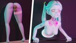 1girl 3d balls balls_deep blue_hair blue_skin cyberpunk:_edgerunners disembodied_penis eyes_rolling_back glory_hole gritted_teeth holding_object justchilling3d naked nude perky_breasts rebecca_(edgerunners)