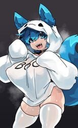 1girls big_breasts blue_eyes blue_hair choker fangs female female_only ghost_costume grey_background halloween halloween_costume hi_res hoodie kitsune kyo_ashryver looking_at_viewer nipple_bulge open_mouth pose skindentation solo solo_female steam sweat text_on_clothing thick_thighs thigh_squish thighhighs white_thighhighs wolf wolf_ears wolf_tail zanamaoria