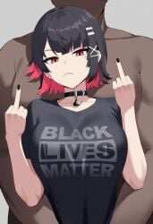 1girls blacked blacked_clothing cuckold dark-skinned_male dark_skin ellen_joe fat_male hug_from_behind interracial lord_dante lorddantesito middle_finger netorare ntr qos qos_clothing tagme white_girl zenless_zone_zero