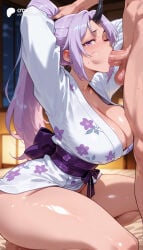 1boy 1girl 1girls absurd_res absurdres ai_generated arms_behind_head arms_up ass big_ass big_breasts black_horns blurred_background blurry_background blush bottomless breasts cartoon cartoony cleavage clothed_female_nude_male collarbone deepthroat depth_of_field erection fellatio female female_focus floral_print floral_print_kimono from_side hetero hi_res high_ponytail high_quality high_resolution highres horn_grab horns huge_breasts indoors irrumatio japanese_clothes kimono kneeling large_ass large_breasts lipstick_mark long_hair long_sleeves looking_at_viewer nude obi odexai one_eye_closed oni oral parted_bangs patreon penis ponytail print_kimono purple_eyes purple_hair saliva sash seiza shiny_skin shion_(tensei_shitara_slime_datta_ken) short_kimono sidelocks single_horn sitting small_waist solo_focus straight sweat tears tensei_shitara_slime_datta_ken testicles that_time_i_got_reincarnated_as_a_slime thick_thighs thighs thin_waist white_kimono wide_hips yukata
