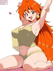 1girl arm_behind_head armpits breasts happy heart kneeling lina_inverse long_hair looking_at_viewer medium_breasts navel open_mouth orange_hair panties red_eyes slayers smile solo stretching sweat tako-chan_(hub_dump) tank_top twitter_username underwear white_background