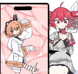 !? 1futa 1girl adachi_rei cervix fingering fingers futanari kasane_teto pussy_juice size_difference unbirthing video_call voifoooork white_background yuri