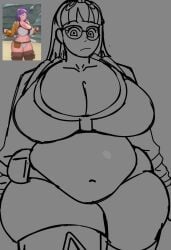 1girls beach belly_expansion big_breasts bow bra breast_expansion breast_growth breast_growth_(enlargement) breasts butt_expansion chubby chubby_belly chubby_female chubby_woman exposed_fat_belly fat fat_female female glasses hand_on_belly horizon_walker huge_breasts purple_eyes purple_hair ribznsfw sketch solo solo_female thick_hips thick_legs thick_thighs weight_gain weight_gain_female yeonwoo_(horizon_walker)