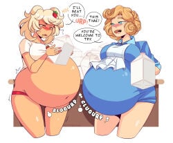 2022 2girls belly_expansion belly_stuffing big_belly bloated_belly cinna_(dinobee) commission female_only huge_belly oatmeal_(lewdlemage) softservice stuffed_belly tagme