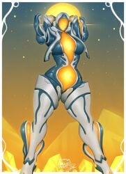 1girls 2d alien alien_girl arms_behind_head artist_name artist_signature background biomechanical borisfed breasts citrine_(warframe) color digital_media_(artwork) featureless_breasts featureless_face female female_only humanoid low-angle_view mechanical no_eyes no_face no_mouth pose posing solo solo_female standing warframe