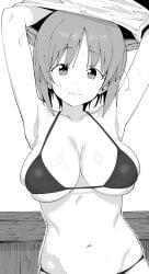 1girl armpits arms_up bikini breasts closed_mouth commentary_request girls_und_panzer greyscale henyaan_(oreizm) highres large_breasts looking_at_viewer monochrome navel nishizumi_miho short_hair simple_background solo sweat swimsuit undressing white_background
