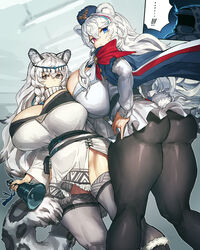 animal_ears arknights big_ass big_breasts big_butt braided_hair doctor_(arknights) grey_eyes heterochromia huge_ass huge_breasts huge_butt kemonomimi leggings light-skinned_female long_hair looking_at_viewer melon22 miniskirt muscular_thighs pale-skinned_female pale_skin pantyhose pramanix_(arknights) rosa_(arknights) sweatdrop thick_thighs thighhighs white_hair