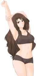 1girls absurdres altena_(fire_emblem) arm_up armpits bandana breasts brown_eyes brown_hair cleavage closed_mouth collarbone curvy female fire_emblem fire_emblem:_genealogy_of_the_holy_war fire_emblem:_thracia_776 gym_clothes gym_shorts headband highres large_breasts light_blush long_hair looking_at_viewer navel shorts smile solo sports_bra stretching thick_thighs thighs transparent_background tridisart very_long_hair wide_hips