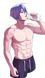 1boy ahoge blue_hair buff buff_male danganronpa_another fanganronpa kinjo_tsurugi male male_only muscles muscular muscular_male only_male red_eyes shirtless shirtless_male workout