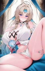 1girl bare_legs bare_shoulders blue_eyes blue_gem blue_hair blue_nails blue_ribbon blush breasts brown_hair cameltoe clam_shell cleavage closed_mouth collarbone commentary crop_top curtained_hair curtains detached_sleeves flower forehead forehead_jewel gem glint gluteal_fold gradient_hair groin hair_intakes hair_ornament hand_on_own_chest hand_on_own_thigh hand_up highres holding_own_leg honkai:_star_rail honkai_(series) humanization indoors large_breasts legs light_particles ling_dianxia long_hair looking_at_viewer low-tied_sidelocks m_legs multicolored_hair nail_polish navel o-ring o-ring_bottom on_cushion paid_reward_available panties parted_bangs pearl_(gemstone) pearl_(honkai:_star_rail) ribbon sideboob sidelocks sitting smile solo sparkle spread_legs stomach teardrop-shaped_gem thighs underwear very_long_hair white_panties window x_hair_ornament